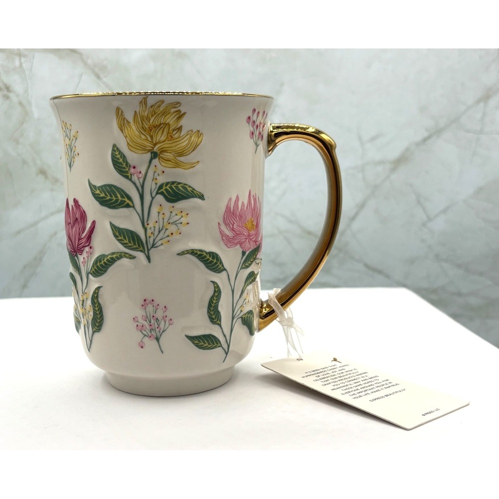 Papyrus Porcelain Ceramic Embossed Floral Coffee Mug 24K Gold Trim Handle 14oz